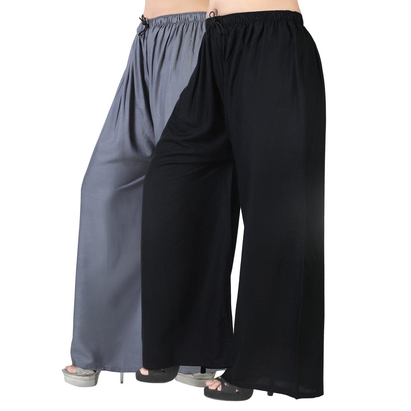 4K Fashion Women’s Plain Rayon Palazzo Combo Pack (Grey & Black) | Solid Wide Leg Palazzo Pants for Women