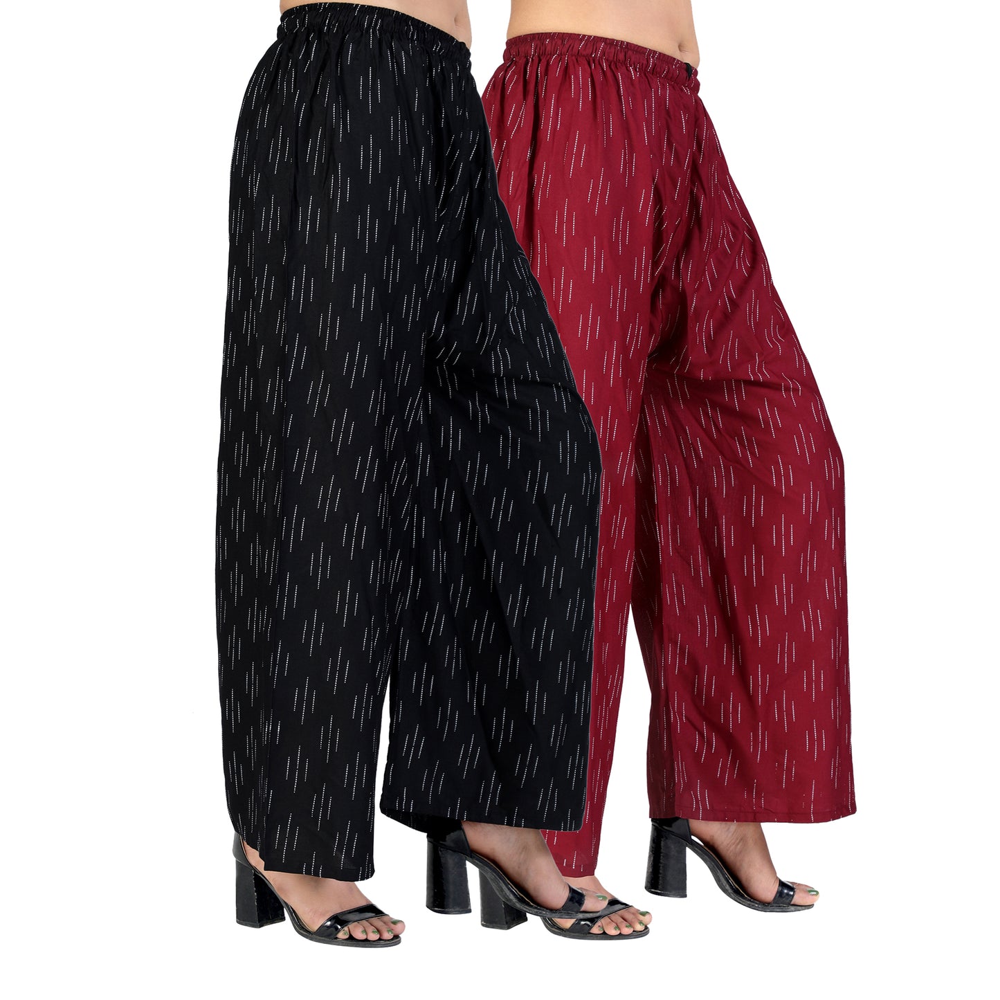 4K Fashion D9 Women’s Rayon Palazzo Combo Pack (Black & Maroon) | Printed Wide Leg Palazzo Pants for Women