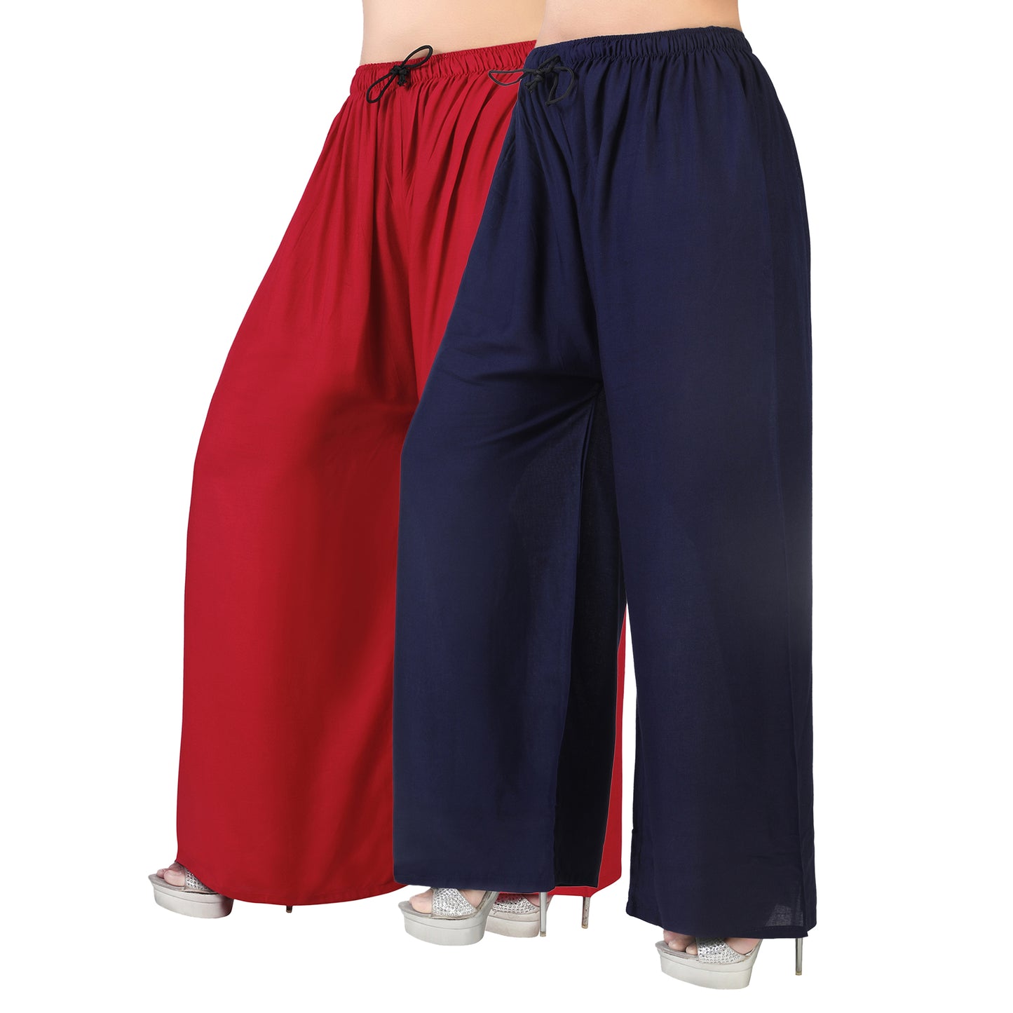 4K Fashion Women’s Plain Rayon Palazzo Combo Pack (Red & Blue) | Solid Wide Leg Palazzo Pants for Women