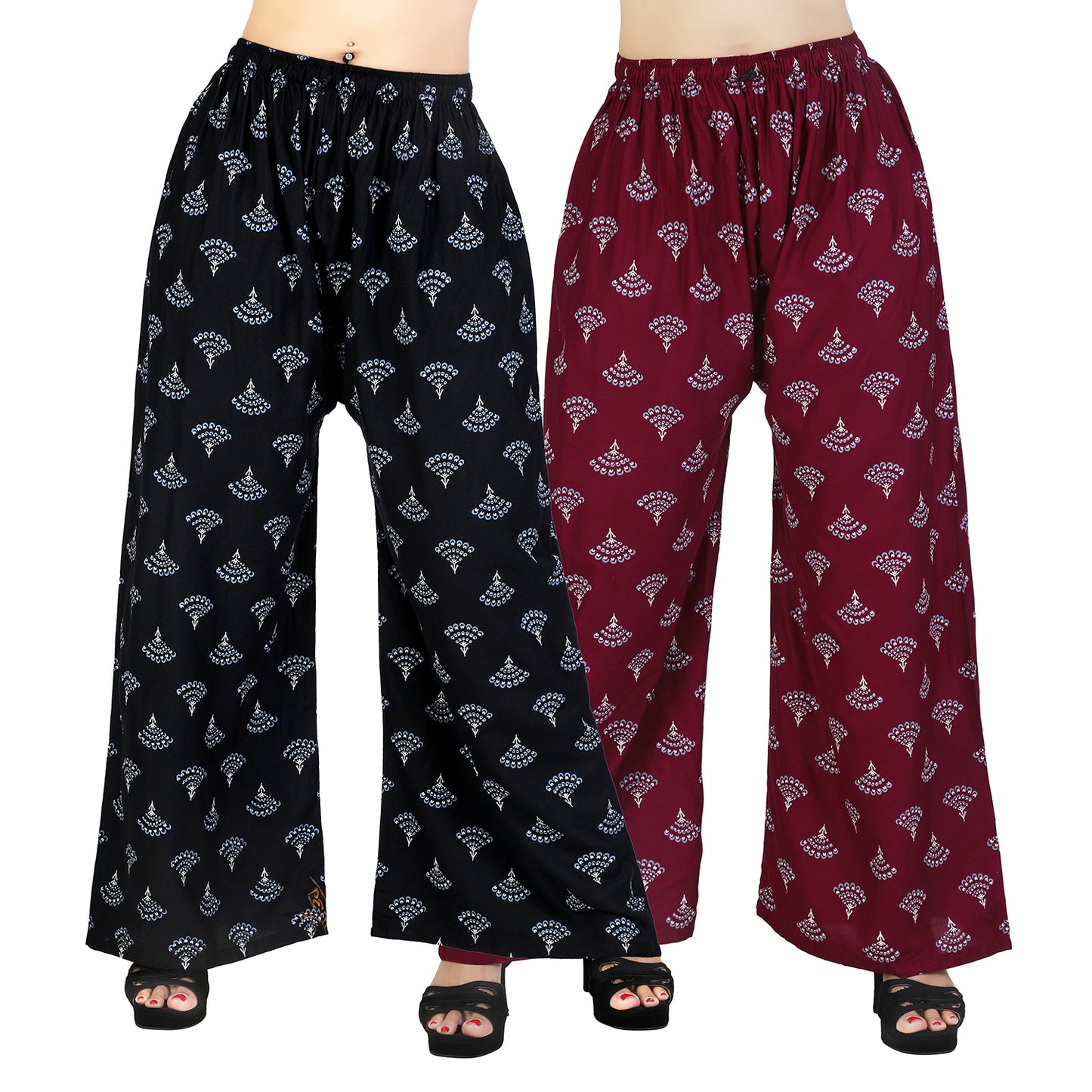 4K Fashion D6 Women’s Rayon Palazzo Combo Pack (Black & Maroon) | Printed Wide Leg Palazzo Pants for Women