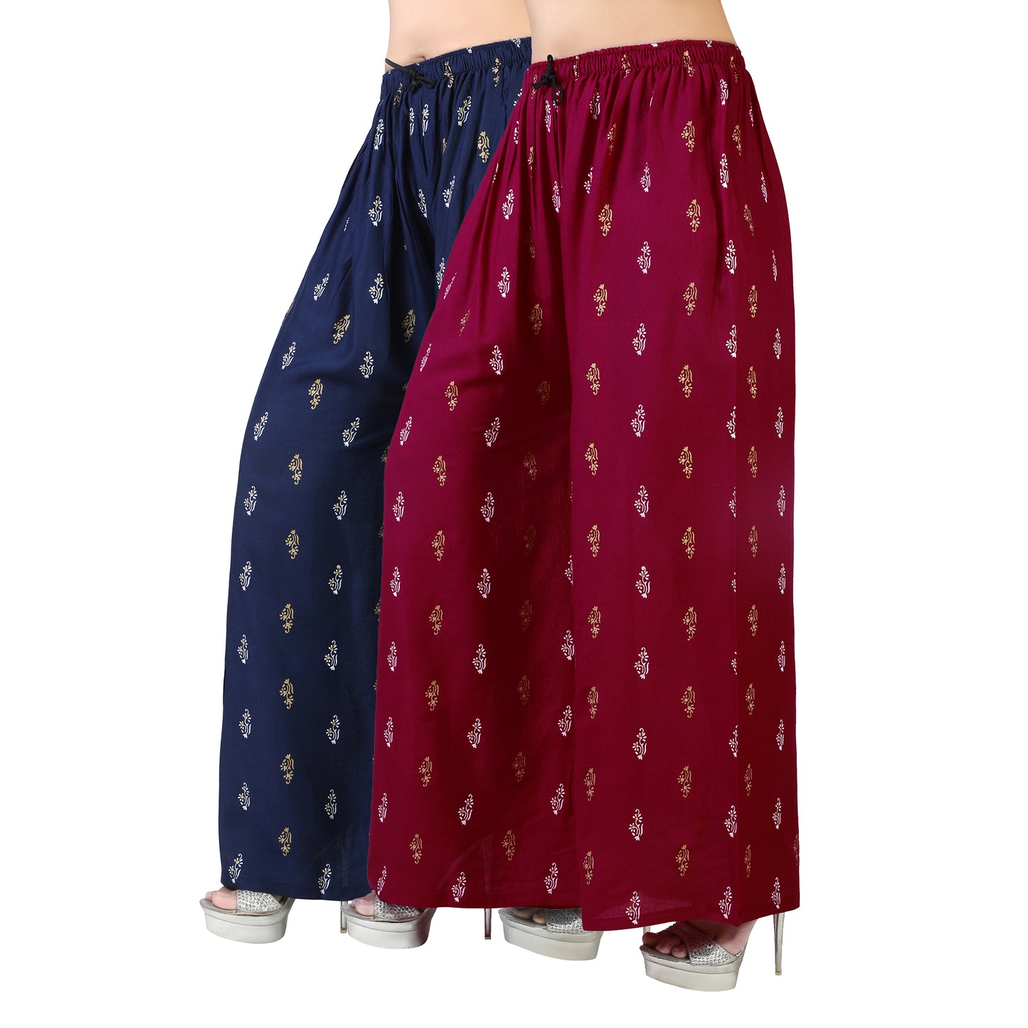 4K Fashion Women’s Rayon Palazzo Combo Pack (Blue & Maroon) | Printed Wide Leg Palazzo Pants for Women