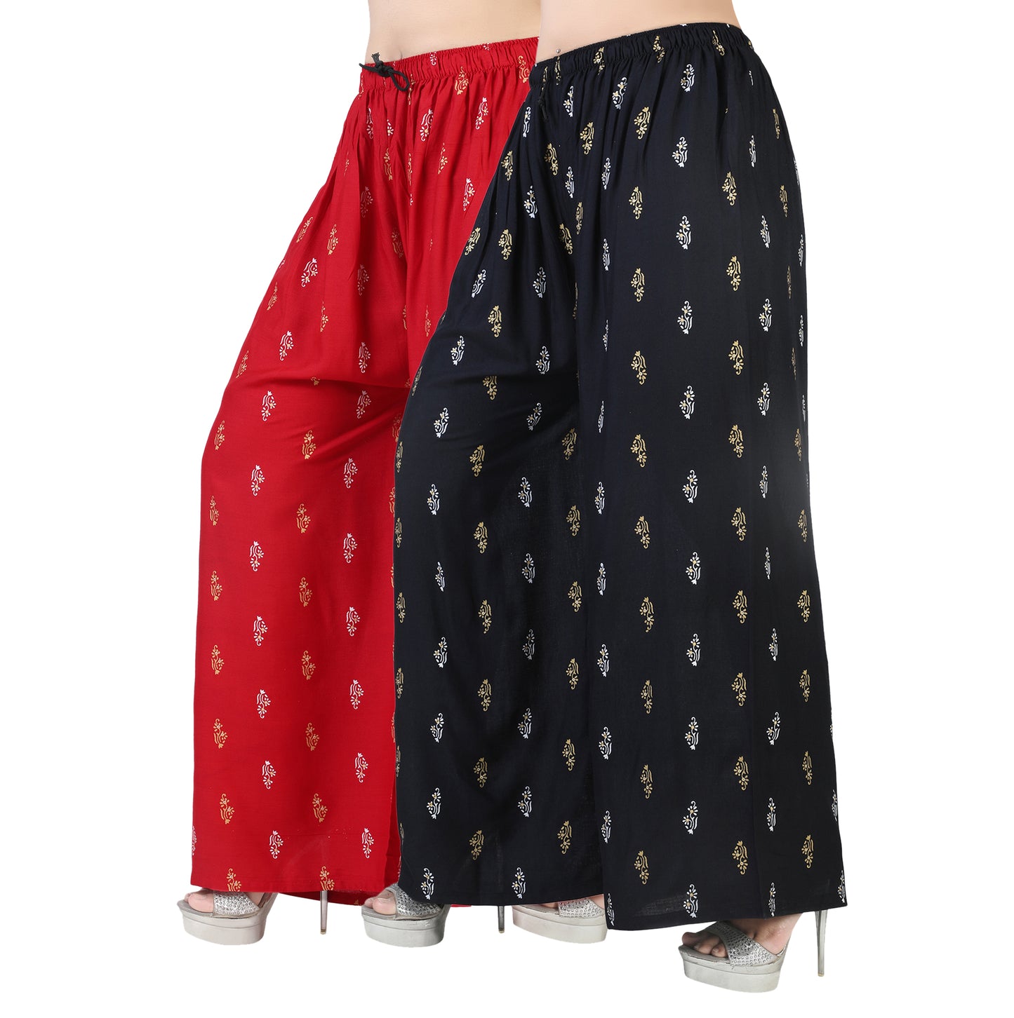 4K Fashion Women’s Rayon Palazzo Combo Pack (Red & Black) | Printed Wide Leg Palazzo Pants for Women