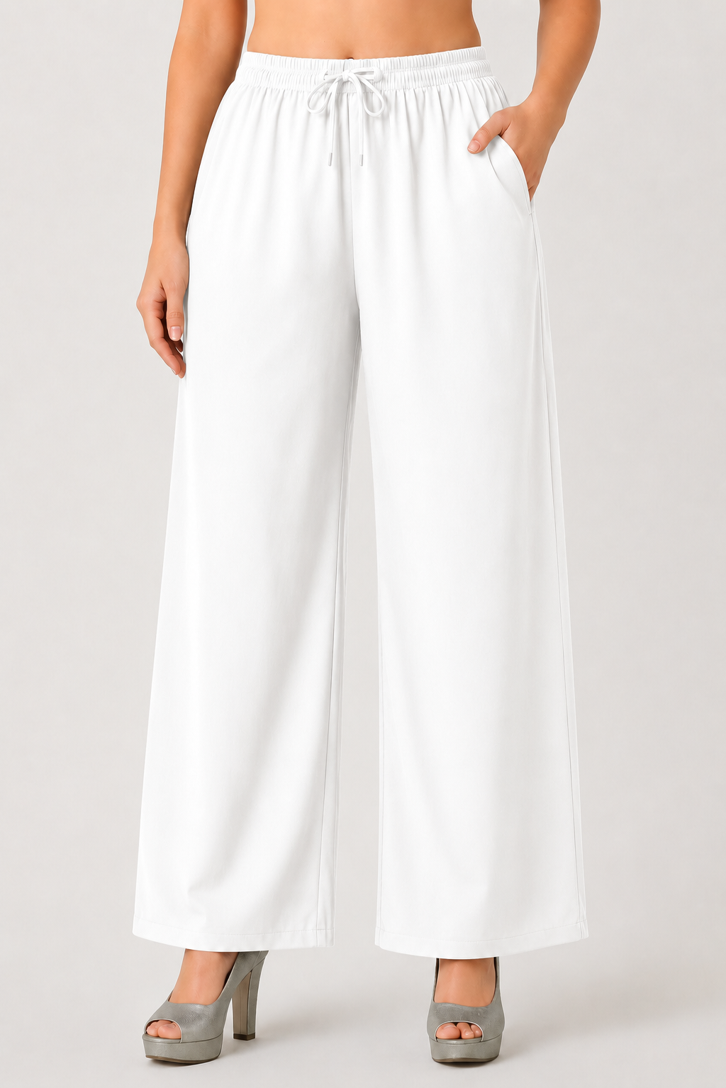 4K Fashion Women Rayon Plain Single Palazzo with Pocket | Elastic Waist & Drawstring | White