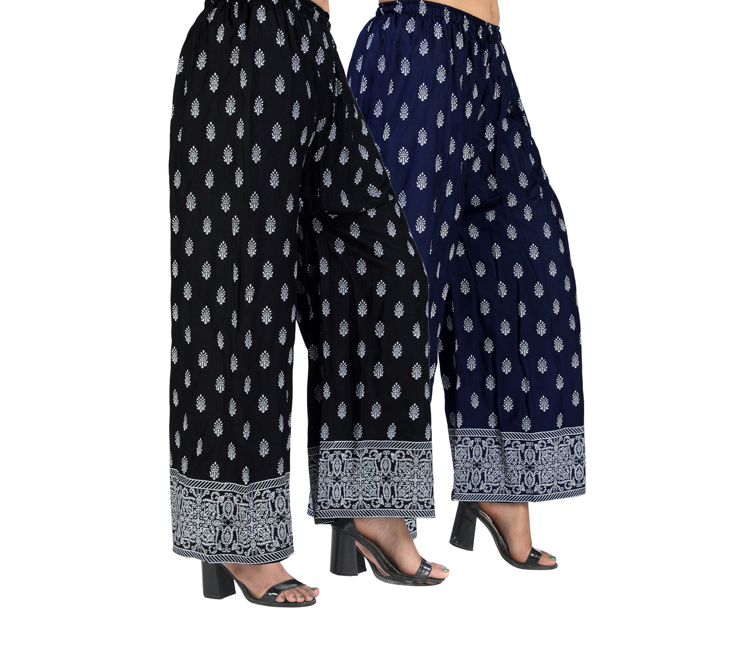 4K Fashion D13 Women’s Rayon Palazzo Combo Pack (Black & Blue) | Printed Wide Leg Palazzo Pants for Women