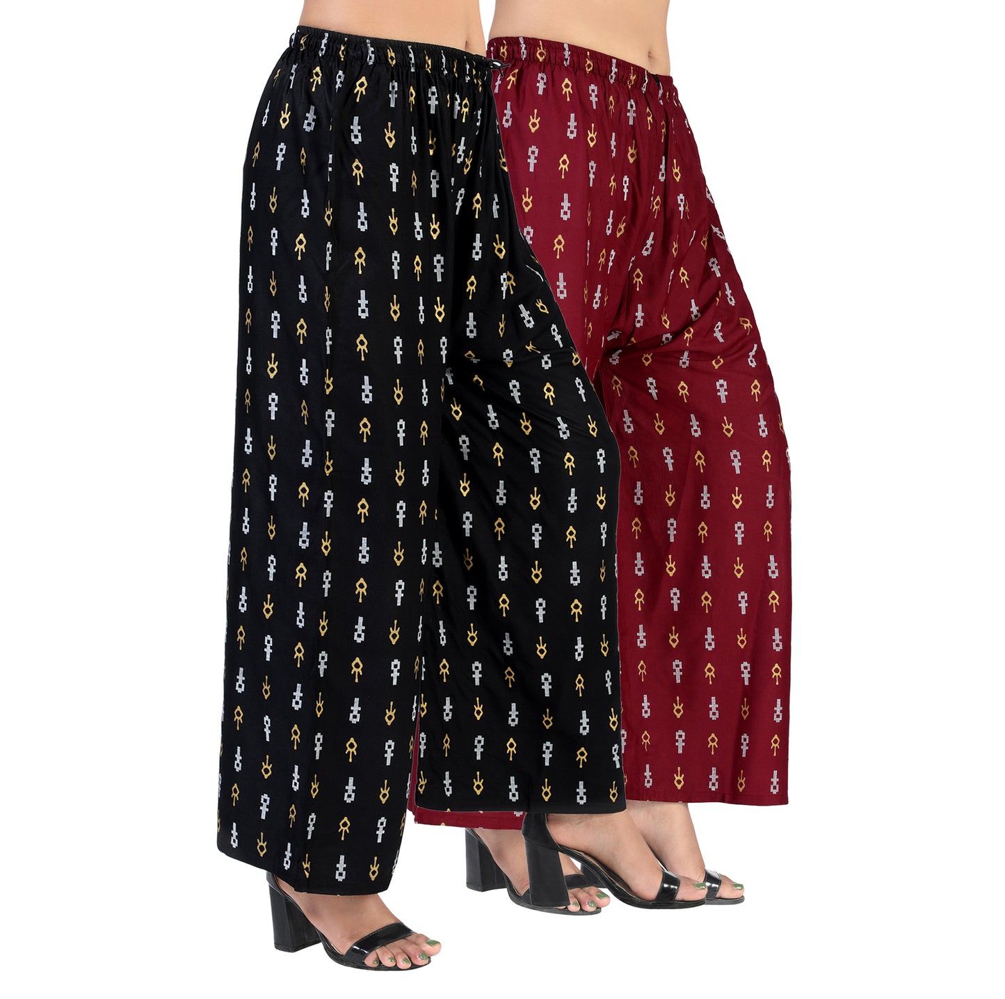 4K Fashion D19 Women’s Rayon Palazzo Combo Pack (Black & Maroon) | Printed Wide Leg Palazzo Pants for Women