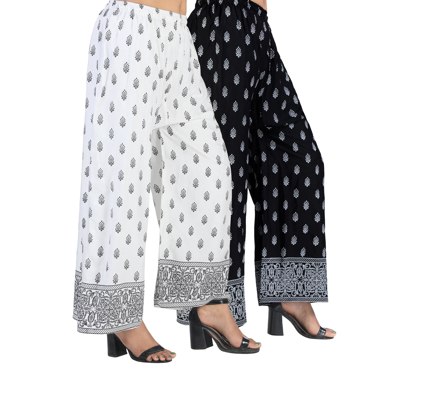 4K Fashion D13 Women’s Rayon Palazzo Combo Pack (White & Black) | Printed Wide Leg Palazzo Pants for Women