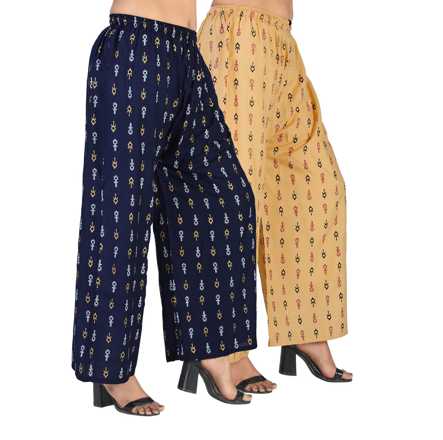 4K Fashion D19 Women’s Rayon Palazzo Combo Pack (Blue & Golden) | Printed Wide Leg Palazzo Pants for Women