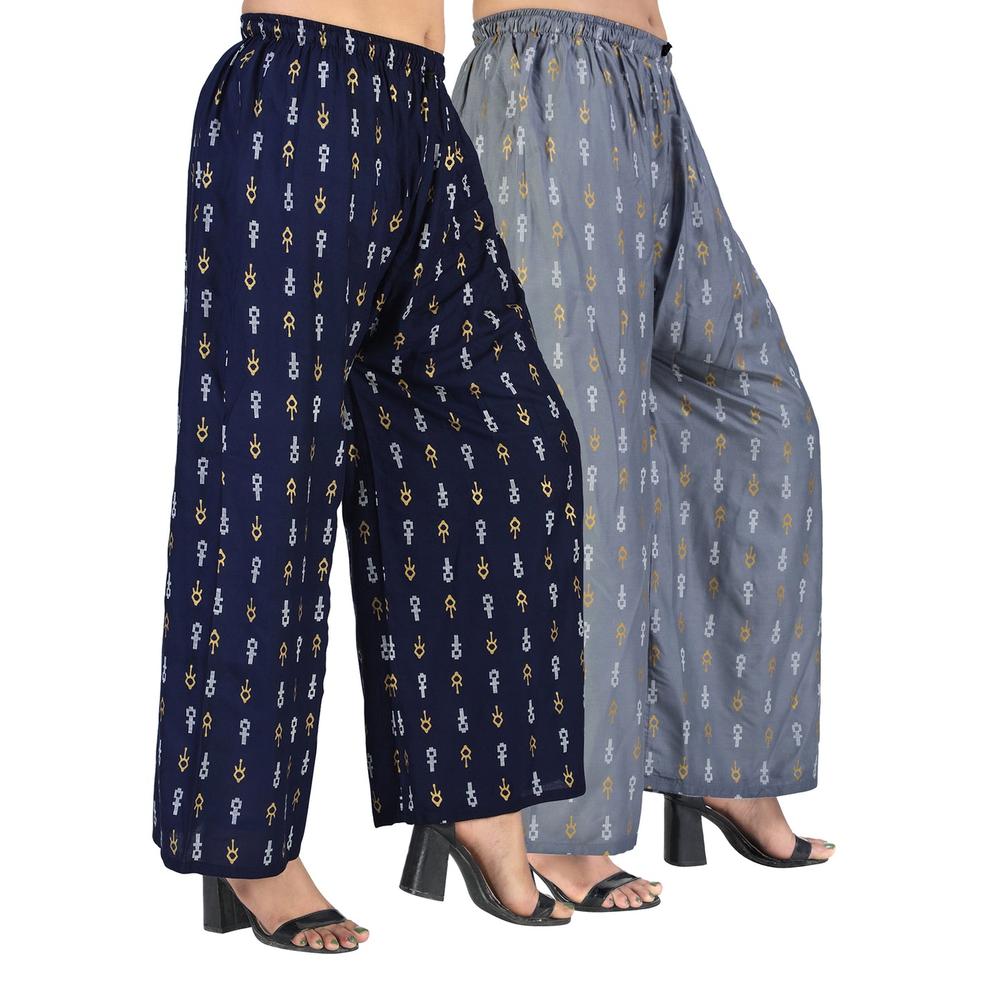 4K Fashion D19 Women’s Rayon Palazzo Combo Pack (Blue & Grey) | Printed Wide Leg Palazzo Pants for Women