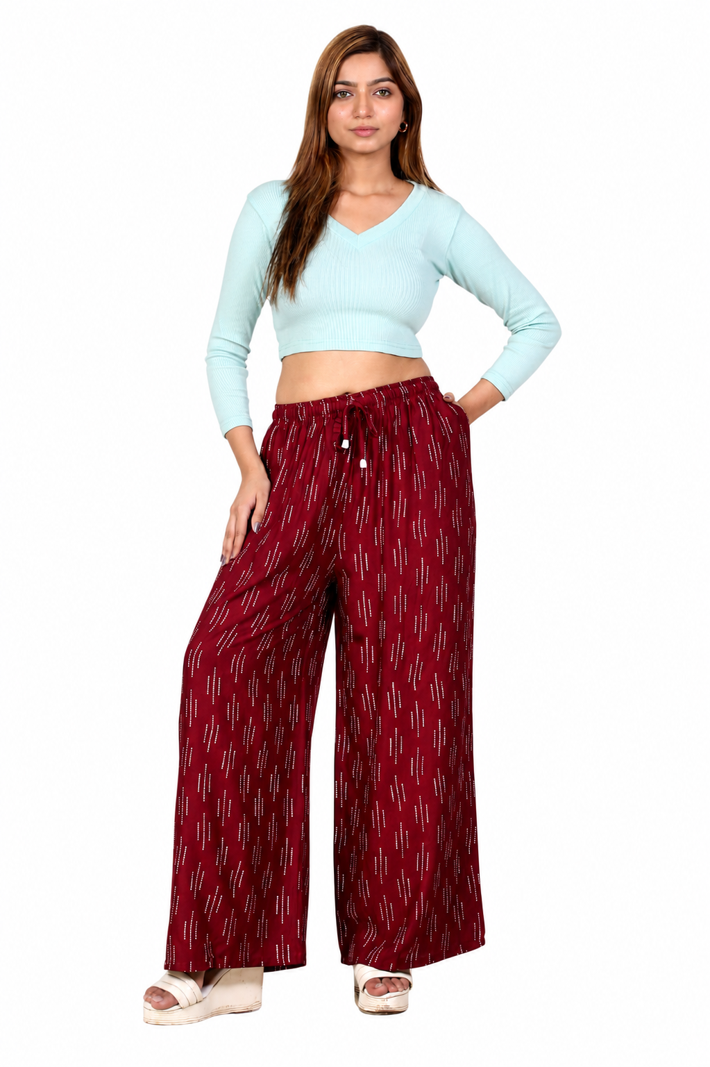 4K Fashion Women Rayon Palazzo Pants with Pocket | Elastic Waist & Drawstring | Maroon