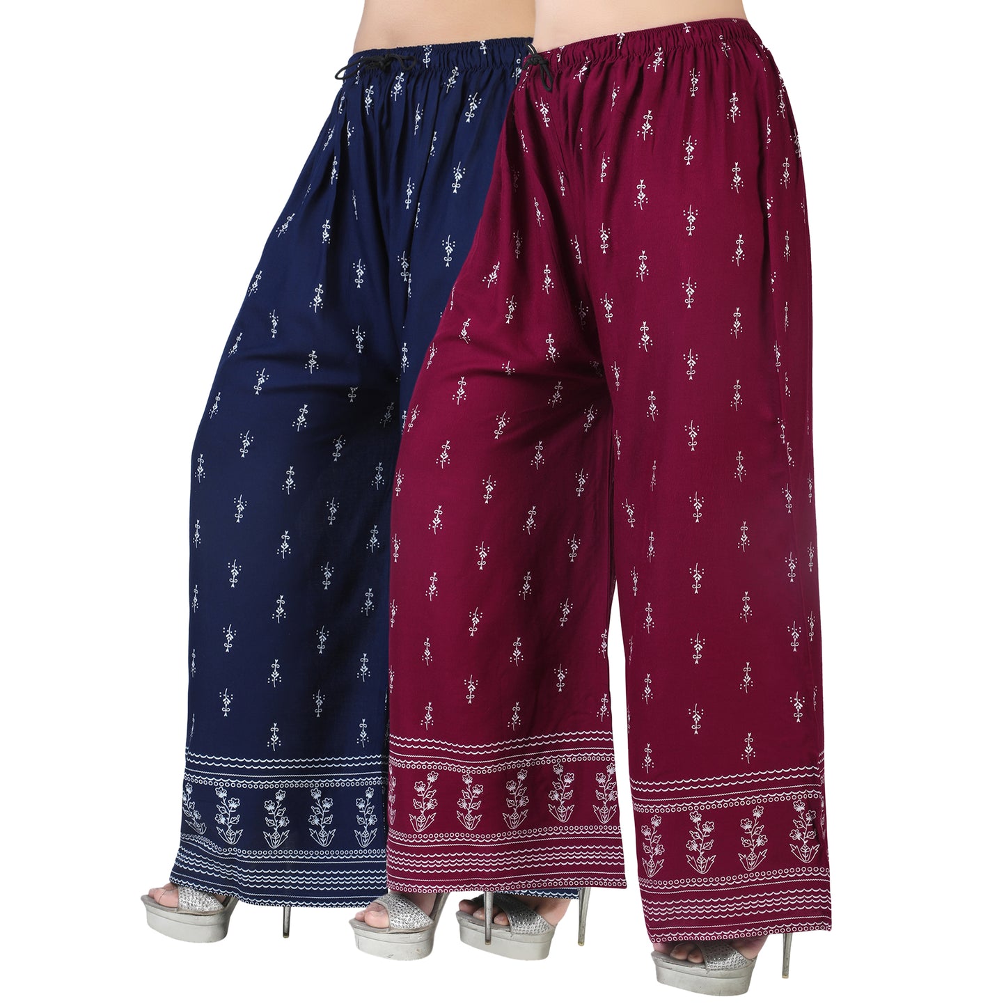 4K Fashion D2 Women’s Rayon Palazzo Combo Pack (Blue & Maroon) | Printed Wide Leg Palazzo Pants for Women