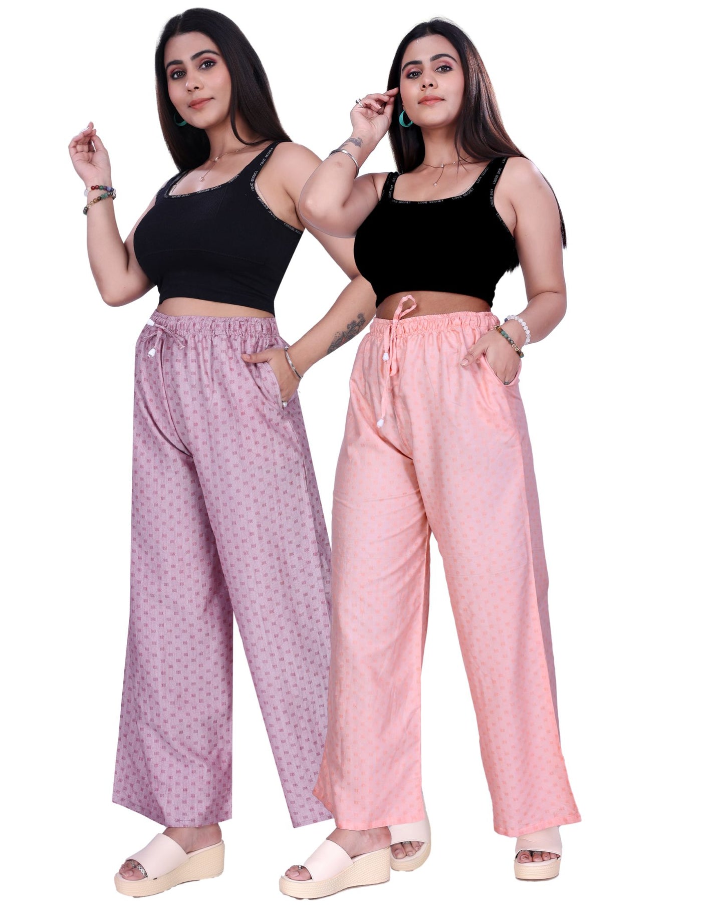 4K Fashion Women Rayon Dobi Combo Palazzo Pants with Pocket | Elastic Waist & Drawstring | Magenta & Peach