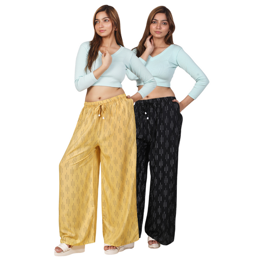 4K Fashion Women Rayon Combo Palazzo with Pocket | Elastic Waist & Drawstring | Golden & Black