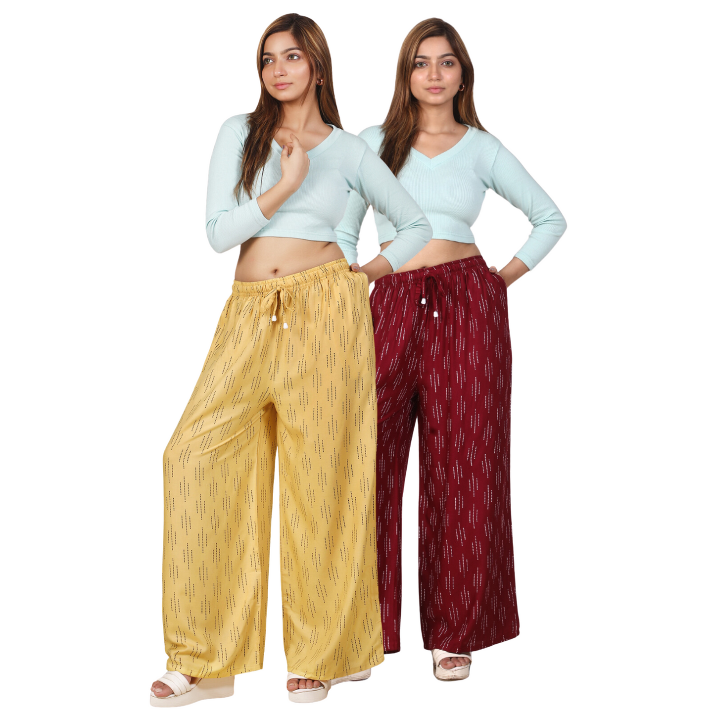 4K Fashion Women Rayon Combo Palazzo with Pocket | Elastic Waist & Drawstring | Golden & Maroon