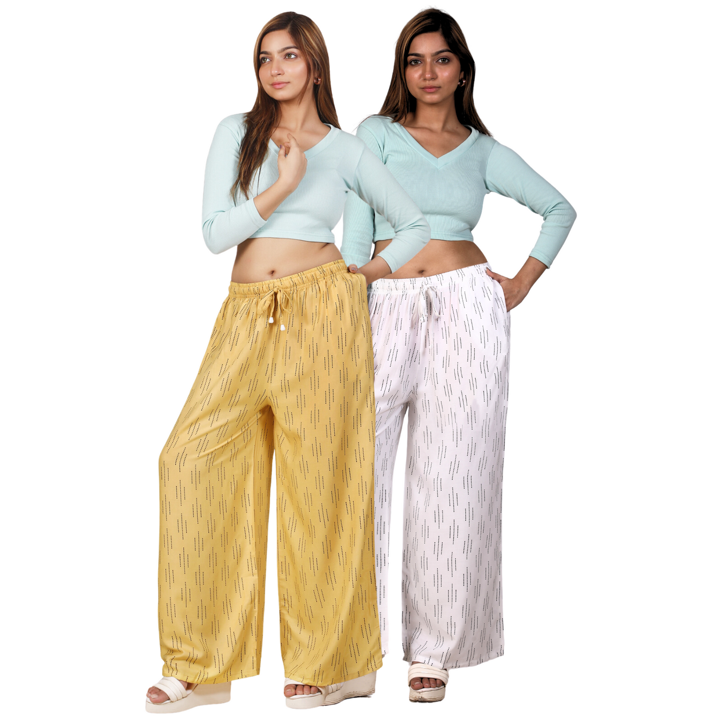 4K Fashion Women Rayon Combo Palazzo with Pocket | Elastic Waist & Drawstring | Golden & White