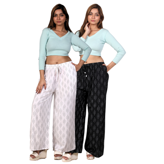 4K Fashion Women Rayon Combo Palazzo with Pocket | Elastic Waist & Drawstring | White & Black