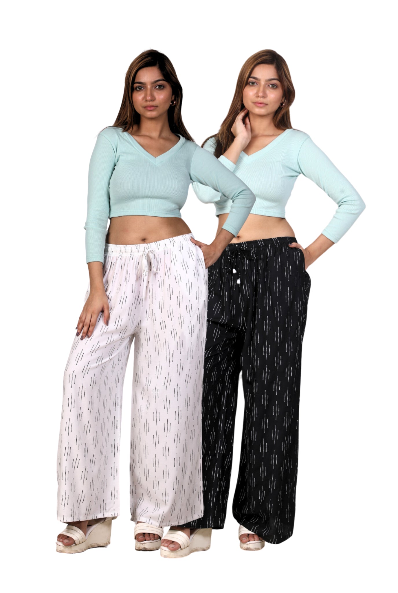 4K Fashion Women Rayon Combo Palazzo with Pocket | Elastic Waist & Drawstring | White & Black