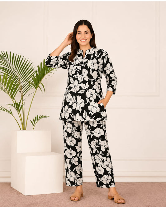 4K Fashion Women Black Co-Ord Set with Pant | Floral Print Kurti Pant Set | Both Side Pocket | Elastic Waist & Drawstring | Black