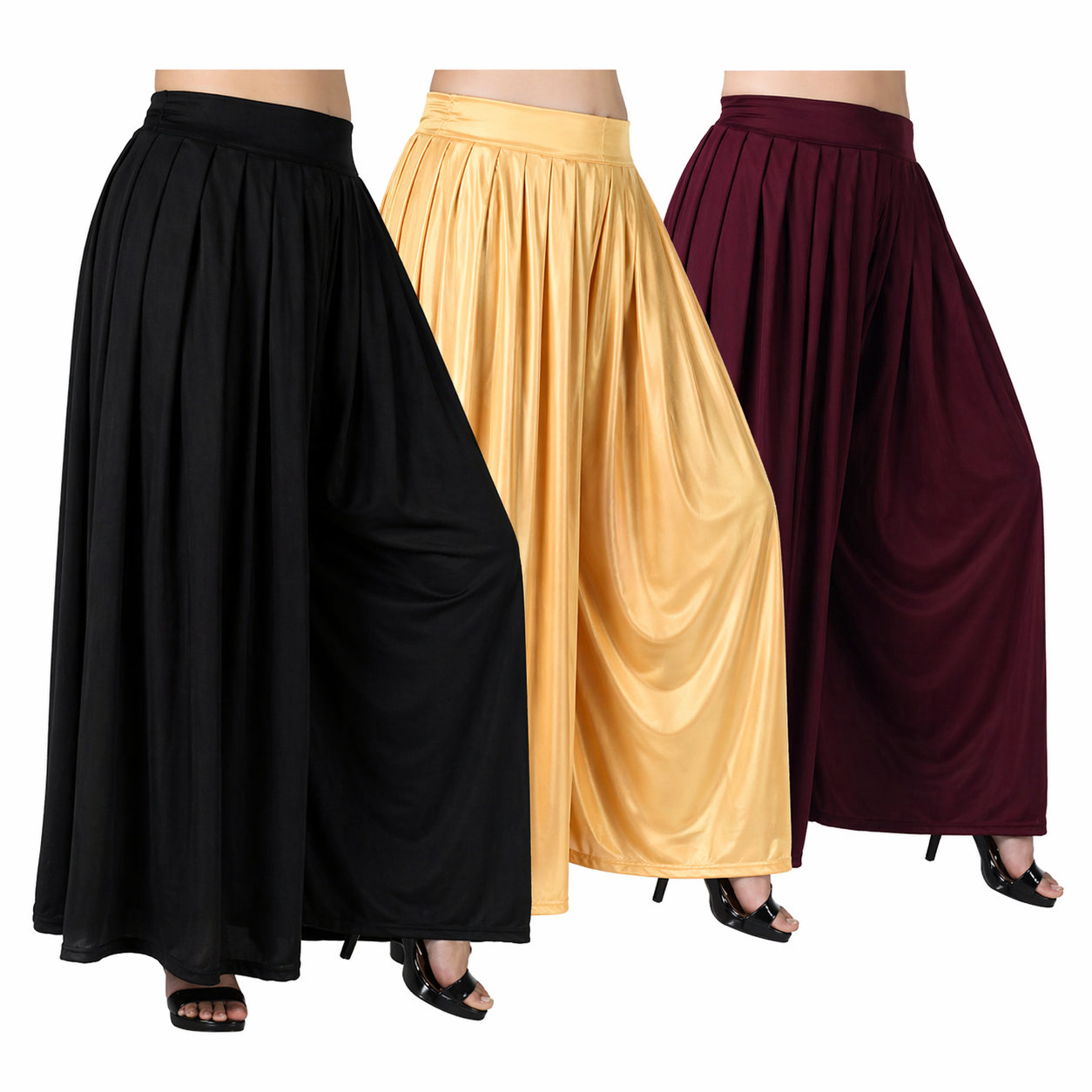 Sarina Pack of 3 Plain Full Ghera Palazzo for Women – Black, Golden & Maroon| Soft Stretch Palazzo Combo (Copy)