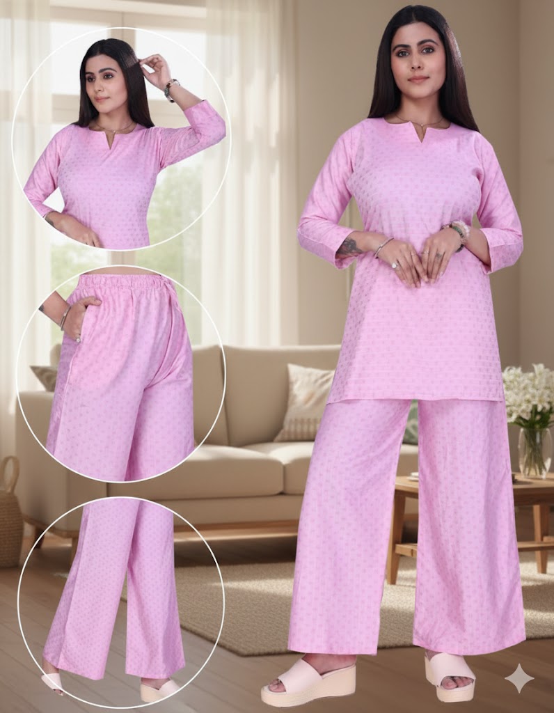 4K Fashion Women Dobi Co-Ord Set with Palazzo Pant & Pocket | Elastic Waist & Drawstring | Pink