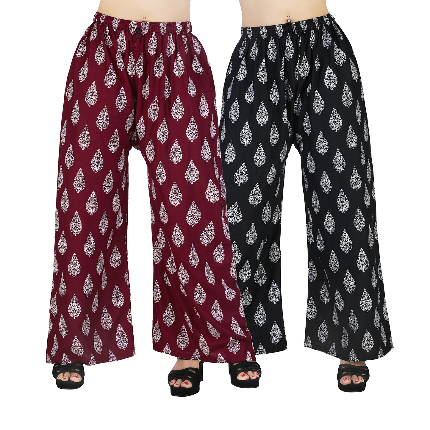 Women's Rayon D7 Printed Palazzo Combo Pack (Maroon & Black) | Comfortable Wide Leg Palazzo Pants