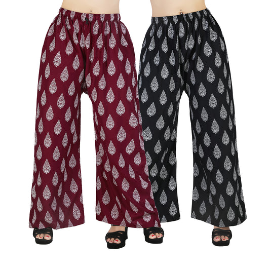 Women's Rayon D7 Printed Palazzo Combo Pack (Maroon & Black) | Comfortable Wide Leg Palazzo Pants