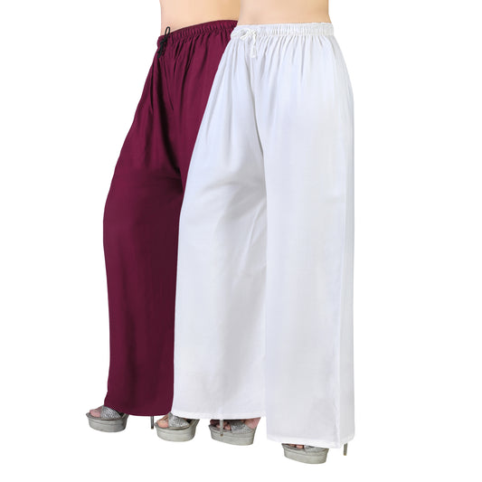4K Fashion Women’s Plain Rayon Palazzo Combo Pack (Maroon & White) | Solid Wide Leg Palazzo Pants for Women