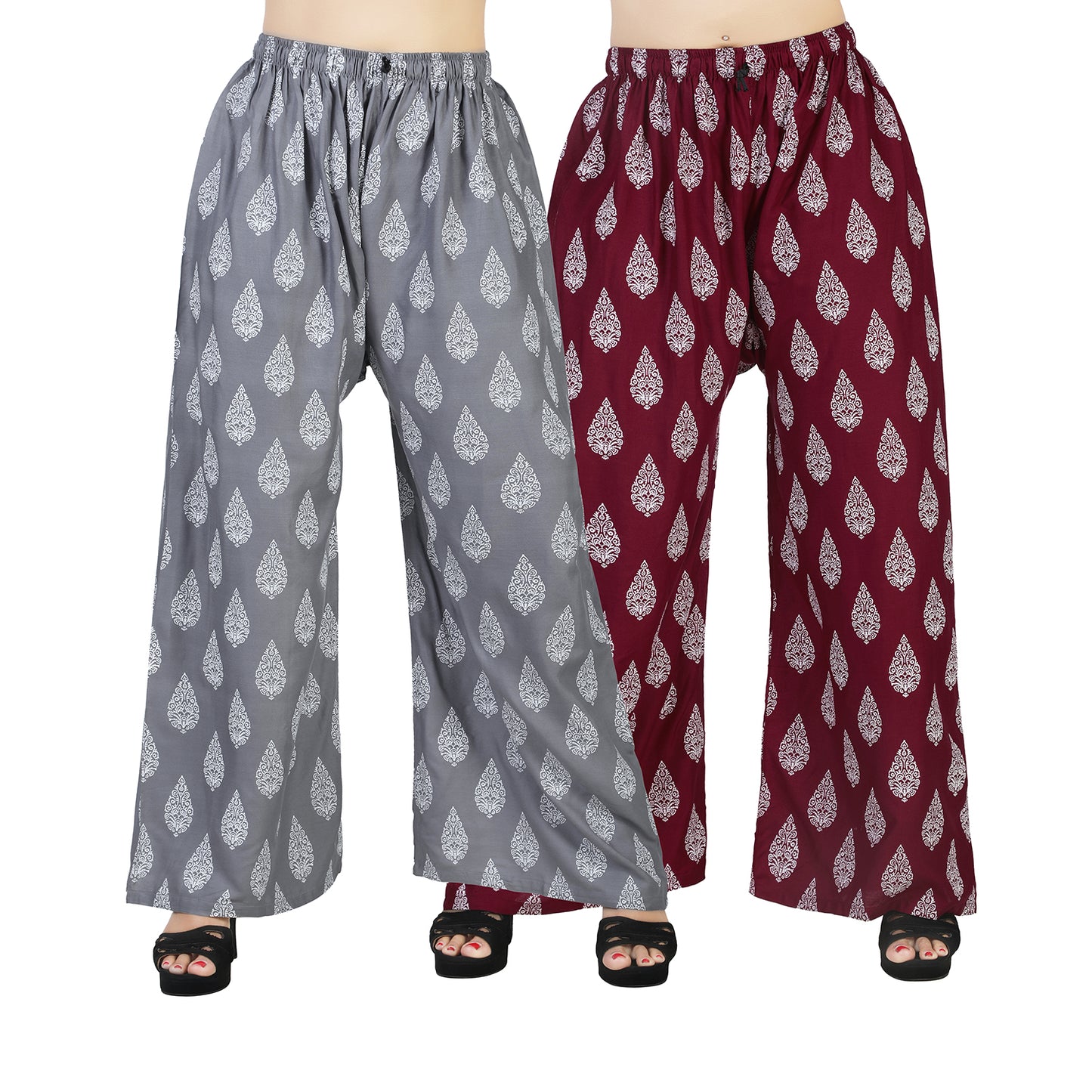 Women's Rayon D7 Printed Palazzo Combo Pack (Grey & Maroon) | Comfortable Wide Leg Palazzo Pants