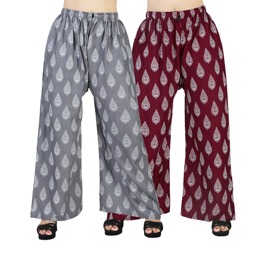 Women's Rayon D7 Printed Palazzo Combo Pack (Grey & Maroon) | Comfortable Wide Leg Palazzo Pants