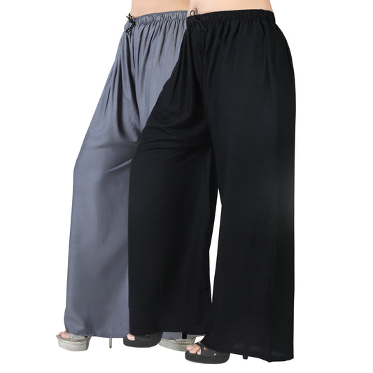 4K Fashion Women’s Plain Rayon Palazzo Combo Pack (Grey & Black) | Solid Wide Leg Palazzo Pants for Women