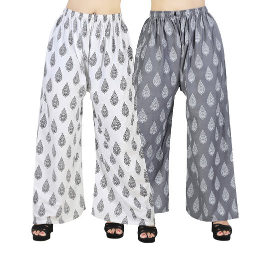 Women's Rayon D7 Printed Palazzo Combo Pack (White & Grey) | Comfortable Wide Leg Palazzo Pants