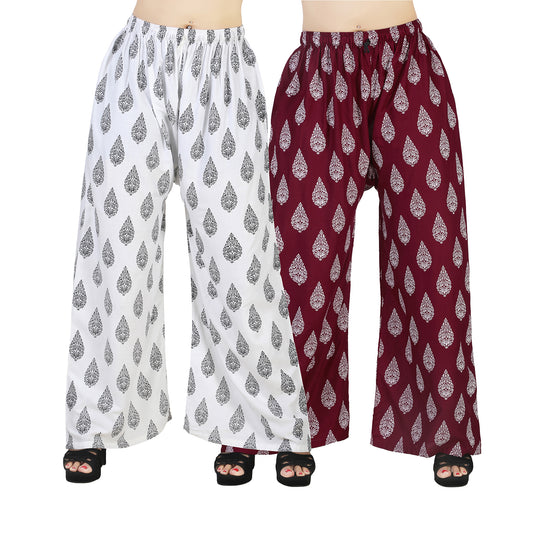 Women's Rayon D7 Printed Palazzo Combo Pack (White & Maroon) | Comfortable Wide Leg Palazzo Pants