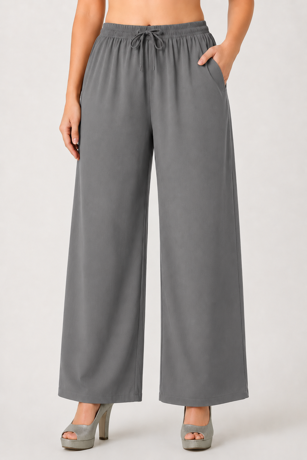 4K Fashion Women Rayon Plain Single Palazzo with Pocket | Elastic Waist & Drawstring | Grey
