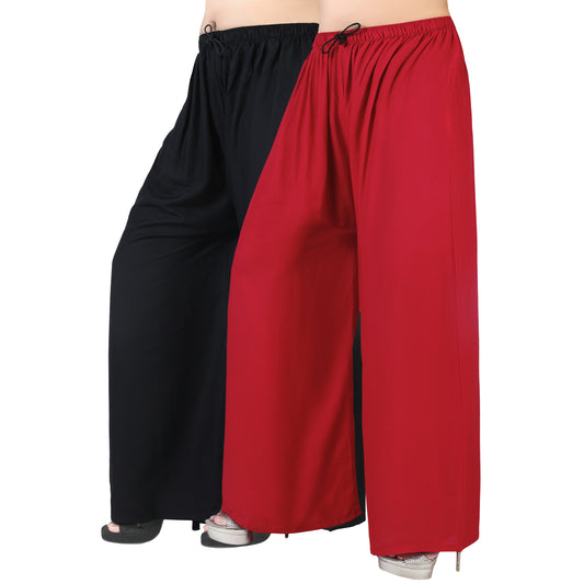 4K Fashion Women’s Plain Rayon Palazzo Combo Pack (Black & Red) | Solid Wide Leg Palazzo Pants for Women