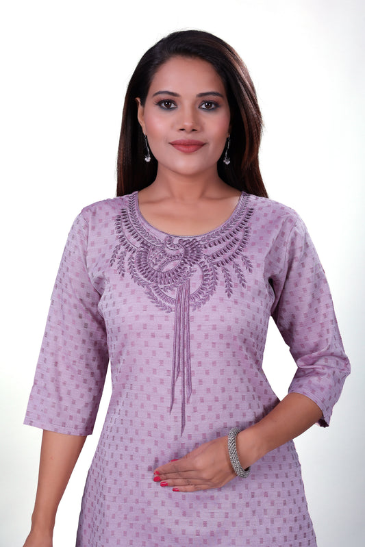 4K Fashion Women Short Kurti | Rayon Fabric | Heavy Embroidery Work on Neck | 3/4 Sleeve | Lavender
