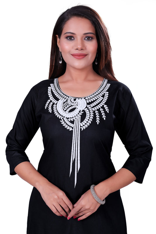 4K Fashion Women Short Kurti | Rayon Fabric | Heavy Embroidery Work on Neck | 3/4 Sleeve | Black