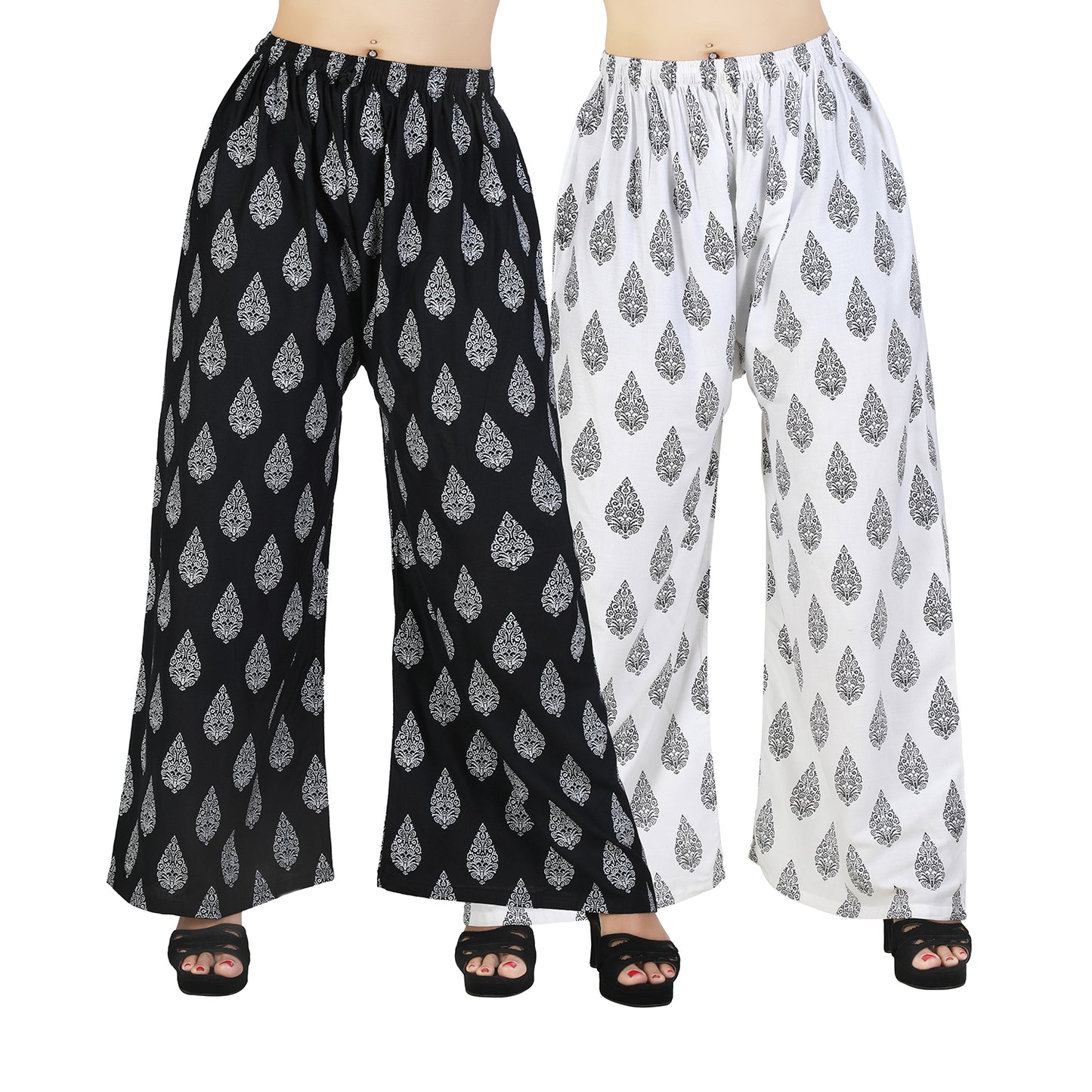 Women's Rayon D7 Printed Palazzo Combo Pack (Black & White) | Comfortable Wide Leg Palazzo Pants