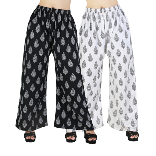 Women's Rayon D7 Printed Palazzo Combo Pack (Black & White) | Comfortable Wide Leg Palazzo Pants