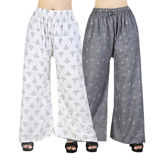 4K Fashion D6 Women’s Rayon Palazzo Combo Pack (White & Grey) | Printed Wide Leg Palazzo Pants for Women
