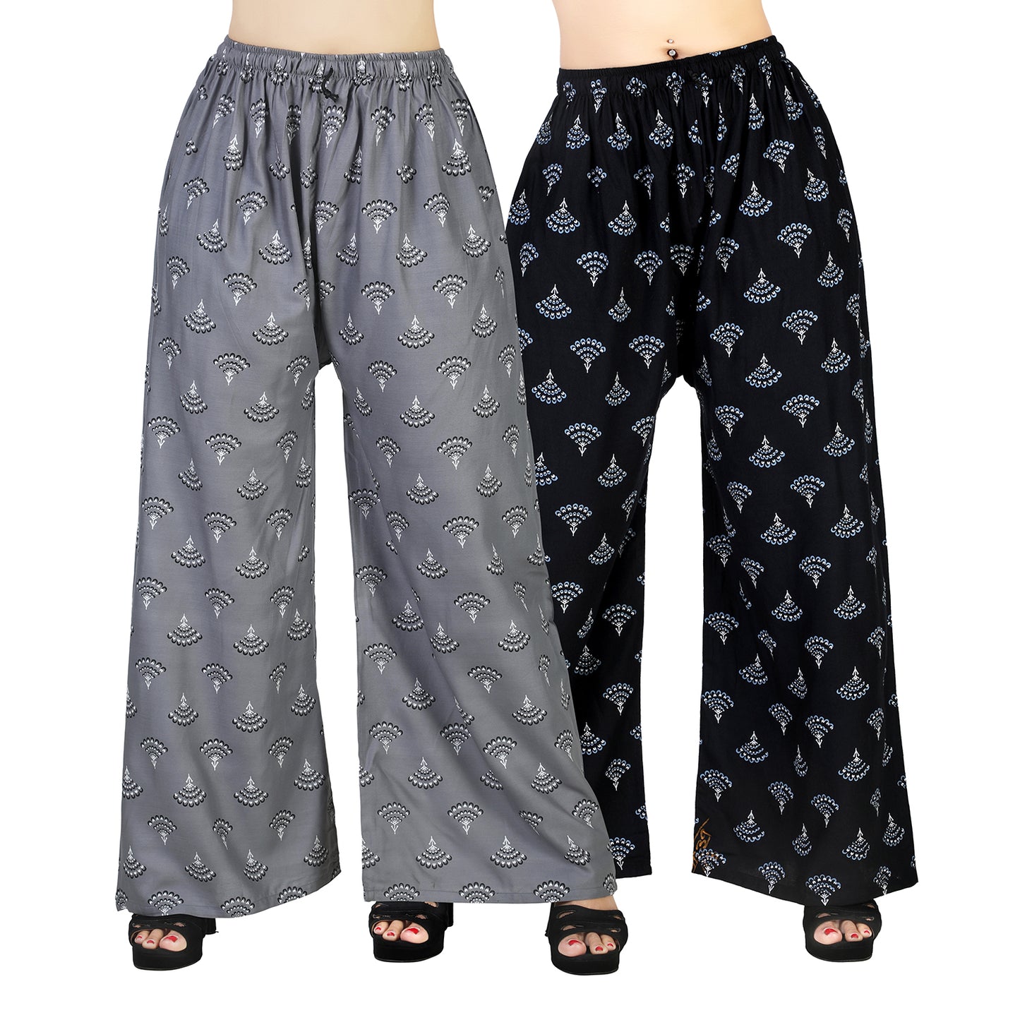 4K Fashion D6 Women’s Rayon Palazzo Combo Pack (Grey & Black) | Printed Wide Leg Palazzo Pants for Women