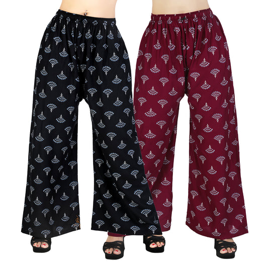 4K Fashion D6 Women’s Rayon Palazzo Combo Pack (Black & Maroon) | Printed Wide Leg Palazzo Pants for Women