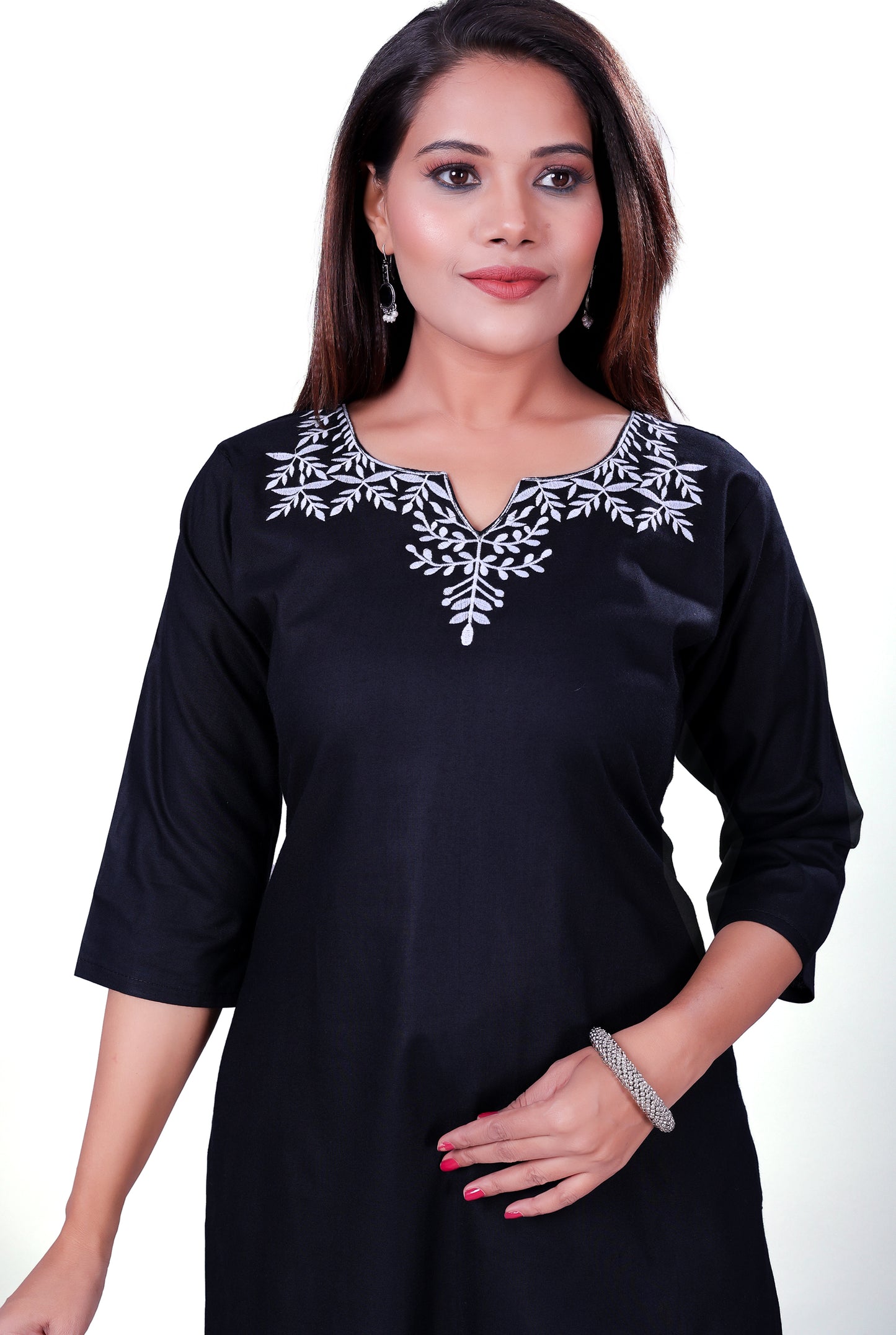 4K Fashion Women Short Kurti | Rayon Fabric | Embroidery Work on Neck | 3/4 Sleeve | Black