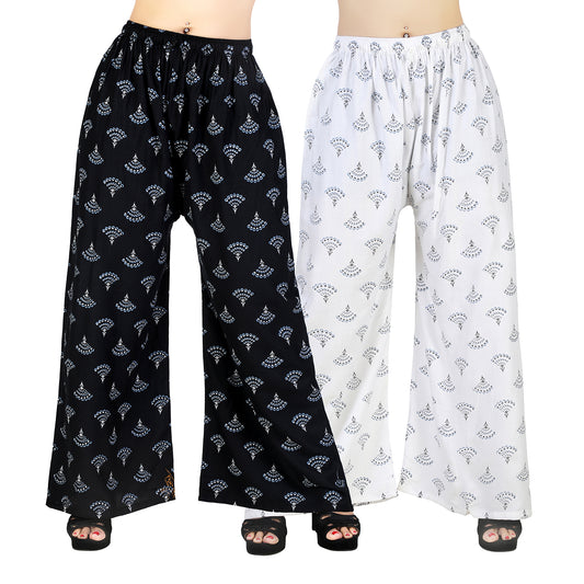 4K Fashion D6 Women’s Rayon Palazzo Combo Pack (Black & White) | Printed Wide Leg Palazzo Pants for Women