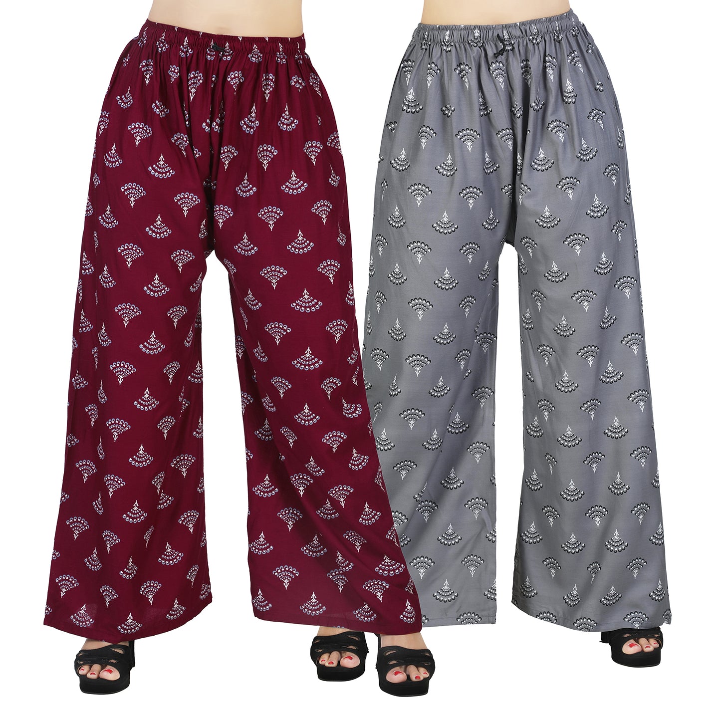 4K Fashion D6 Women’s Rayon Palazzo Combo Pack (Maroon & Grey) | Printed Wide Leg Palazzo Pants for Women