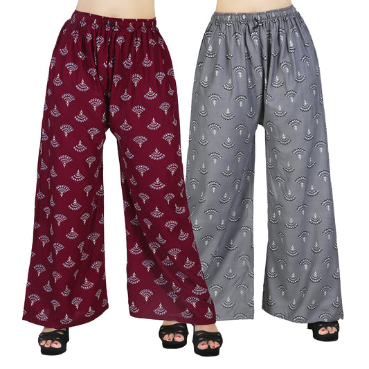 4K Fashion D6 Women’s Rayon Palazzo Combo Pack (Maroon & Grey) | Printed Wide Leg Palazzo Pants for Women