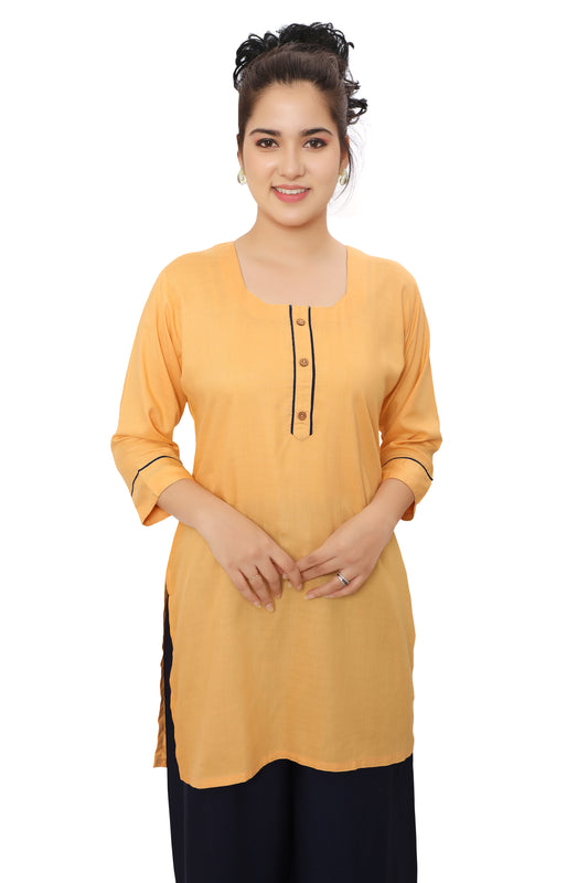 4K Fashion Women’s Yellow Short Kurti with Piping Detail | Stylish Casual Rayon Kurti for Women