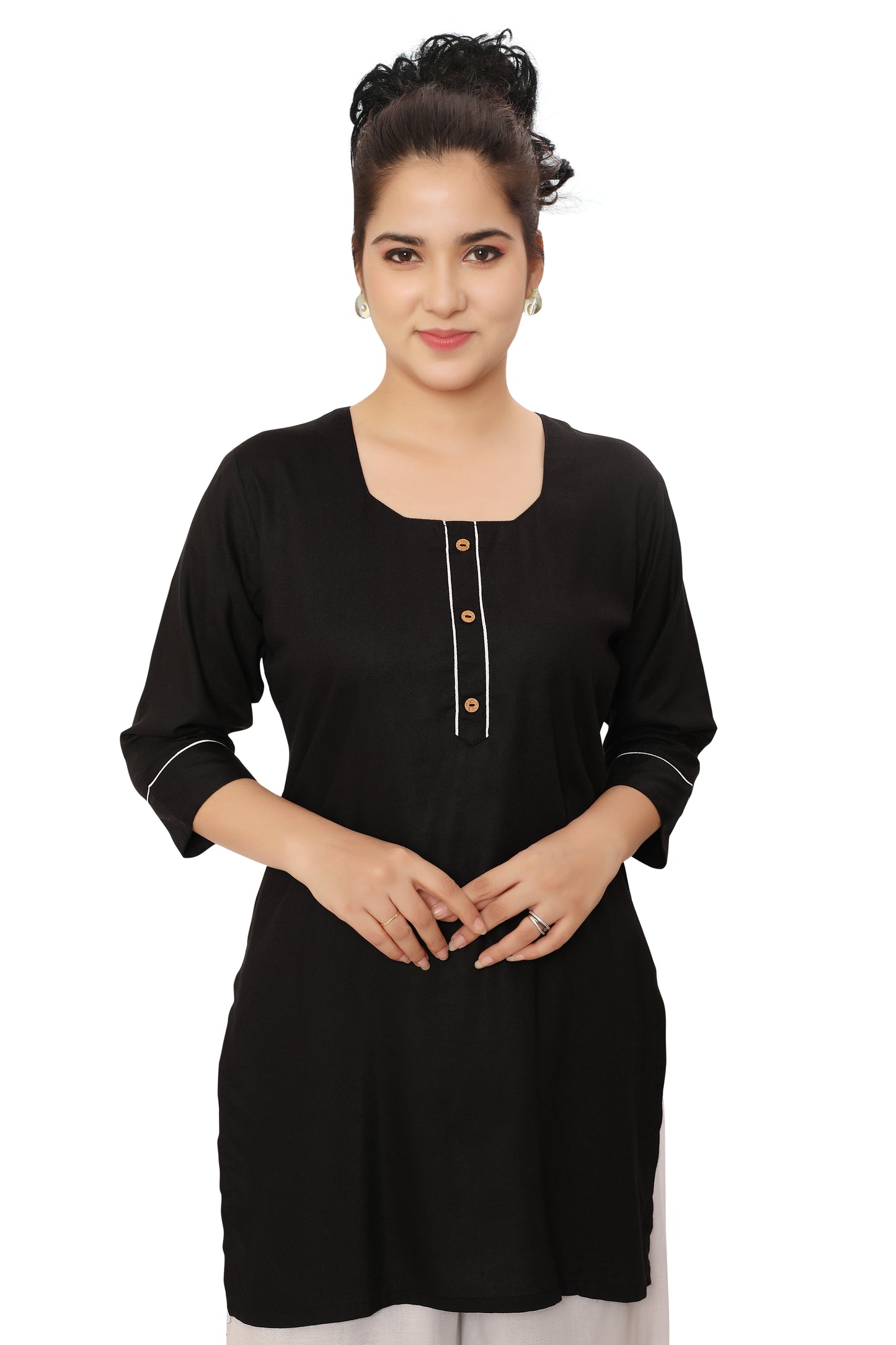 4K Fashion Women’s Black Short Kurti with Piping Detail | Stylish Casual Rayon Kurti for Women