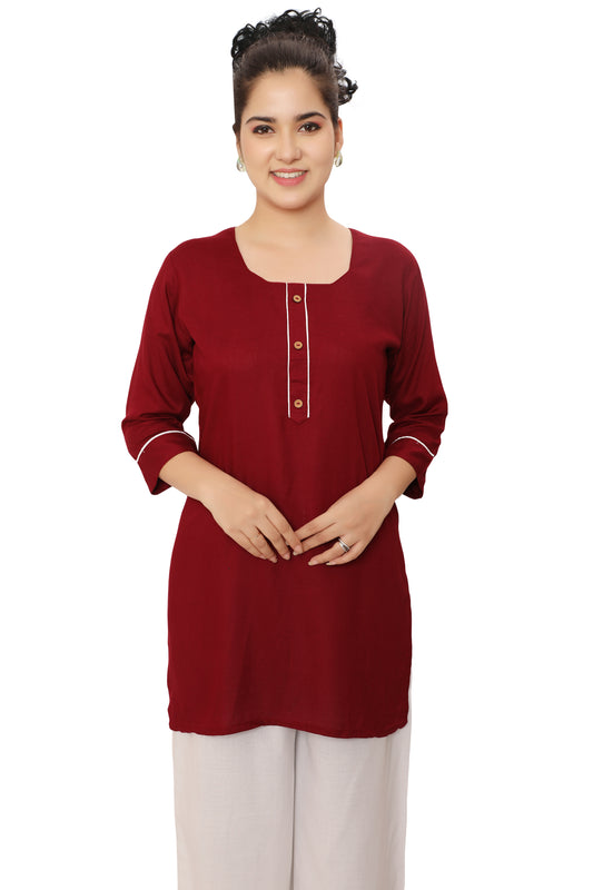4K Fashion Women’s Maroon Short Kurti with Piping Detail | Stylish Casual Rayon Kurti for Women