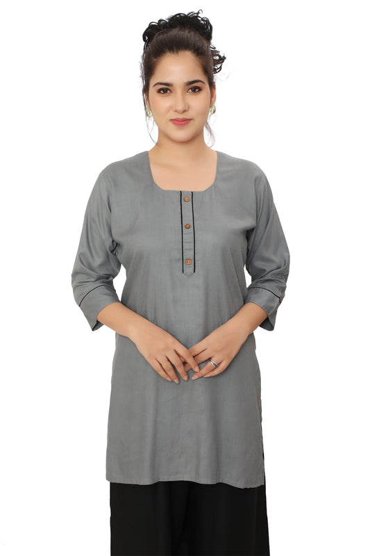 4K Fashion Women’s Grey Short Kurti with Piping Detail | Stylish Casual Rayon Kurti for Women