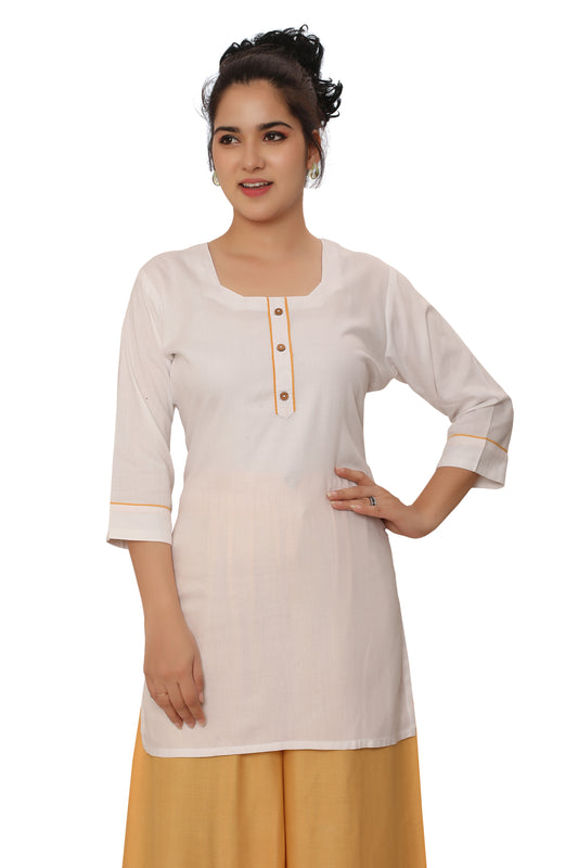 4K Fashion Women’s White Short Kurti with Piping Detail | Stylish Casual Rayon Kurti for Women