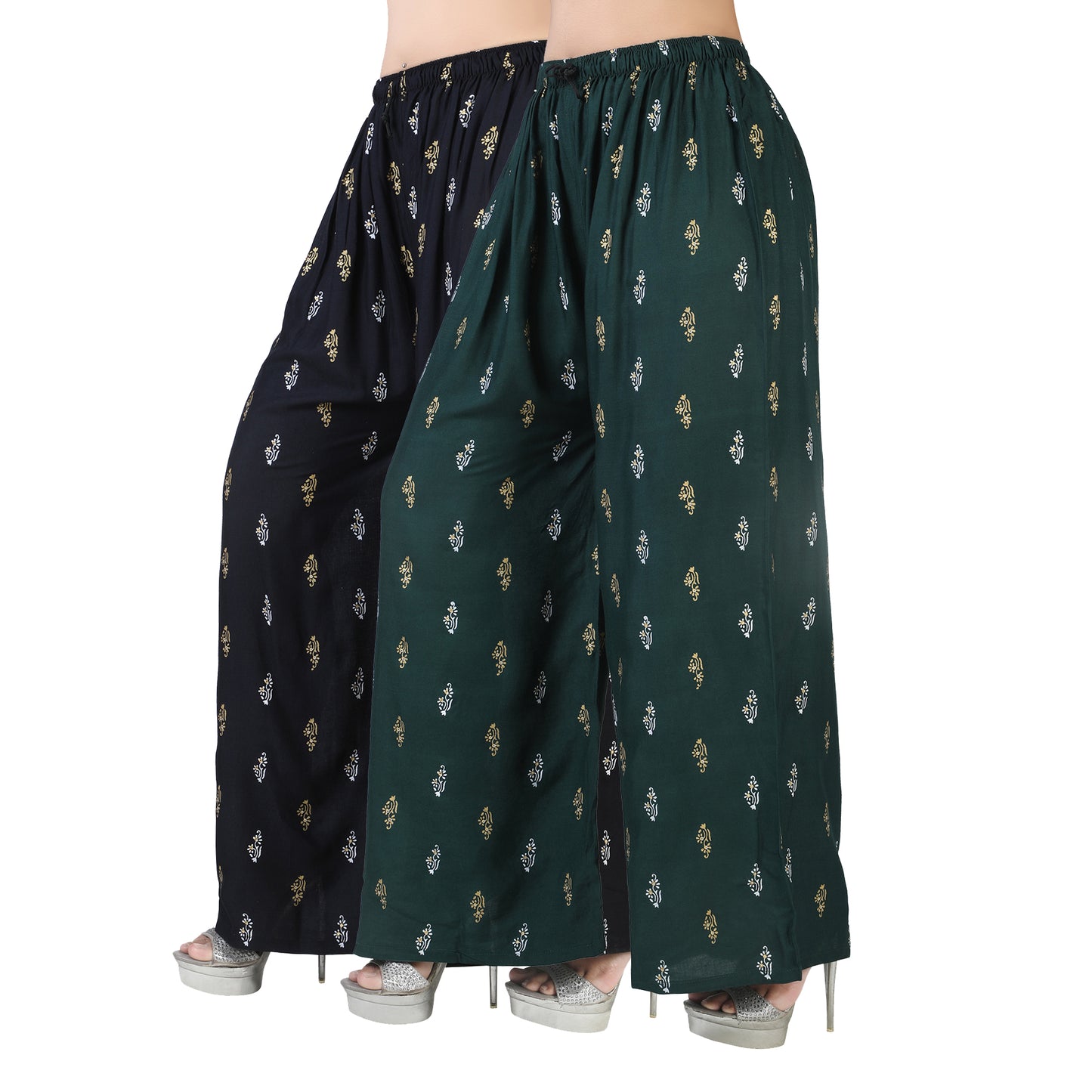 4K Fashion Women’s Rayon Palazzo Combo Pack (Black & Green) | Printed Wide Leg Palazzo Pants for Women